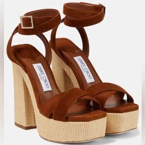 Jimmy Choo Women's Shoes Gaia Sandals Ankle Wrap Platform Tan Suede